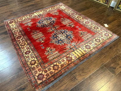 Square Turkish Rug 6x6, Azerbaijani Azeri Turkish Armenian Rug, Red Tan Blue, Geometric, Wool Carpet - Nuvé
