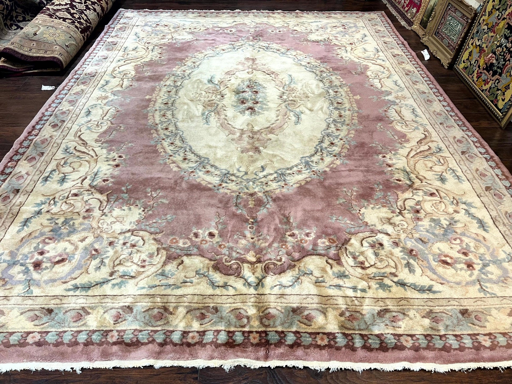 Indo Chinese Aubusson Wool Rug 10x14, Pink and Cream, Handmade Vintage Wool Carpet, Elegant European Design - Nuvé