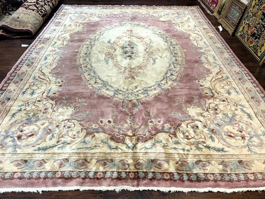 Indo Chinese Aubusson Wool Rug 10x14, Pink and Cream, Handmade Vintage Wool Carpet, Elegant European Design - Nuvé