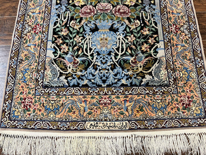 Wonderful Persian Isfahan Rug 3.7 x 5, Kork Wool on Silk Foundation, Very Fine 460 KPSI, Tree of Life Persian Vase Design Animal Pictorials Peacocks - Nuvé