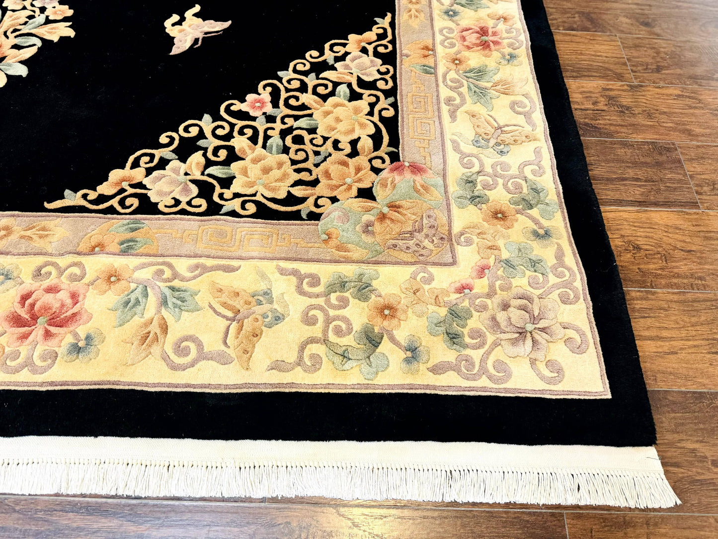 Chinese Wool Rug 9x12, Chinese Carving Carpet, Floral Medallion, Black and Beige, Butterflies, Vintage Asian Oriental Rug, 90 Line Rug - Nuvé