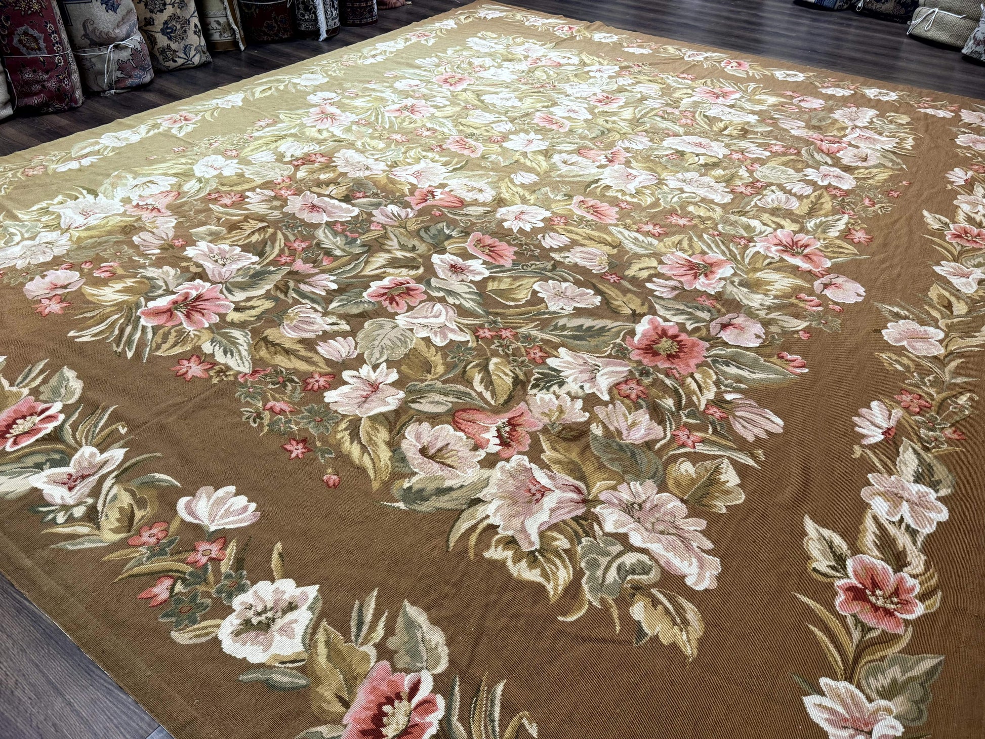 Large Needlepoint Rug 11x14, Vintage Floral Wool Carpet, Caramel - Nuvé
