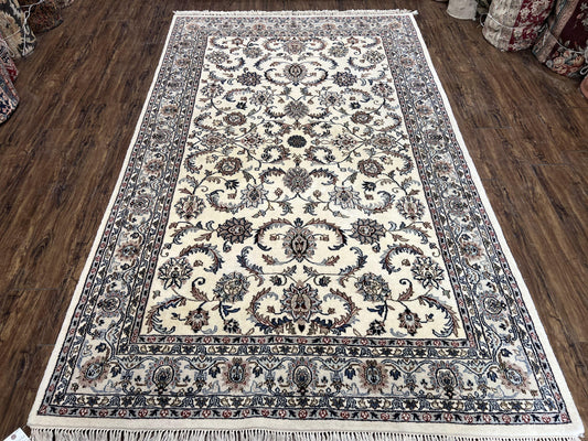 Indian Rug 5.7 x 9, Vintage Oriental Carpet, Handmade Hand Knotted Wool Rug, Living Room Rug, Bedroom Rug, Ivory and Gray, Allover Floral - Nuvé