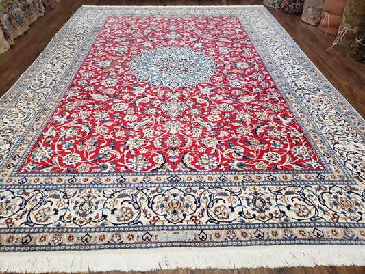 Persian Nain Rug 8x12, Red and Ivory, Signed - Nuvé