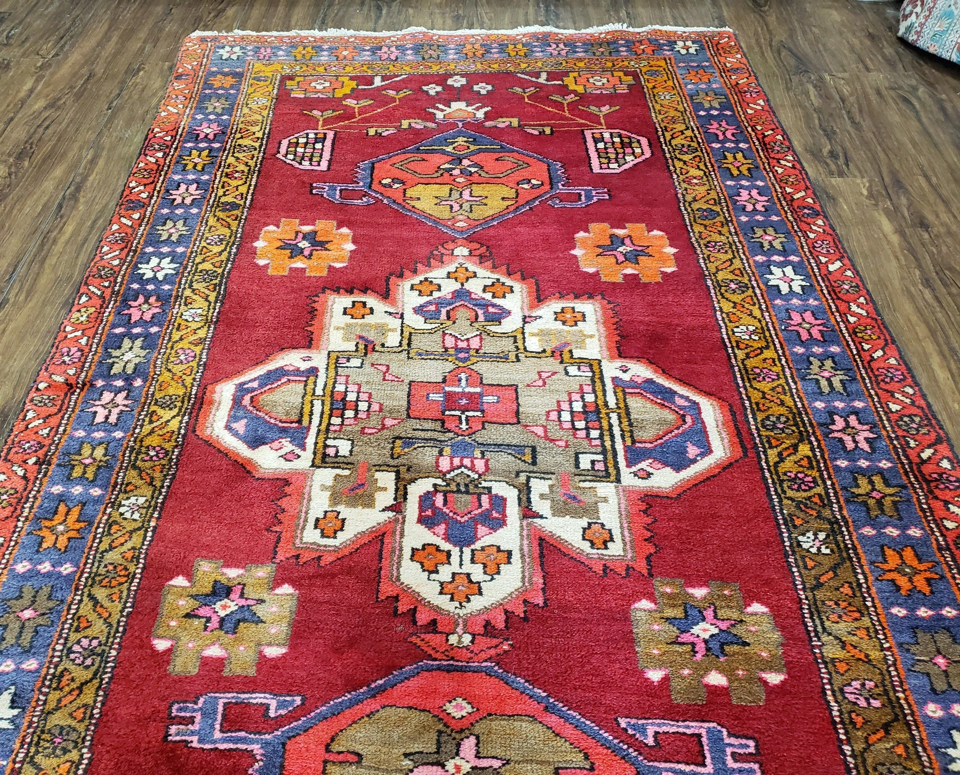 Antique Persian Karajeh Runner Rug 4.4 x 11 ft, Red Colorful Geometric Medallion Runner - Nuvé