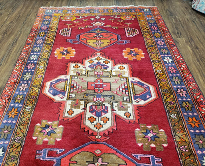 Antique Persian Karajeh Runner Rug 4.4 x 11 ft, Red Colorful Geometric Medallion Runner - Nuvé