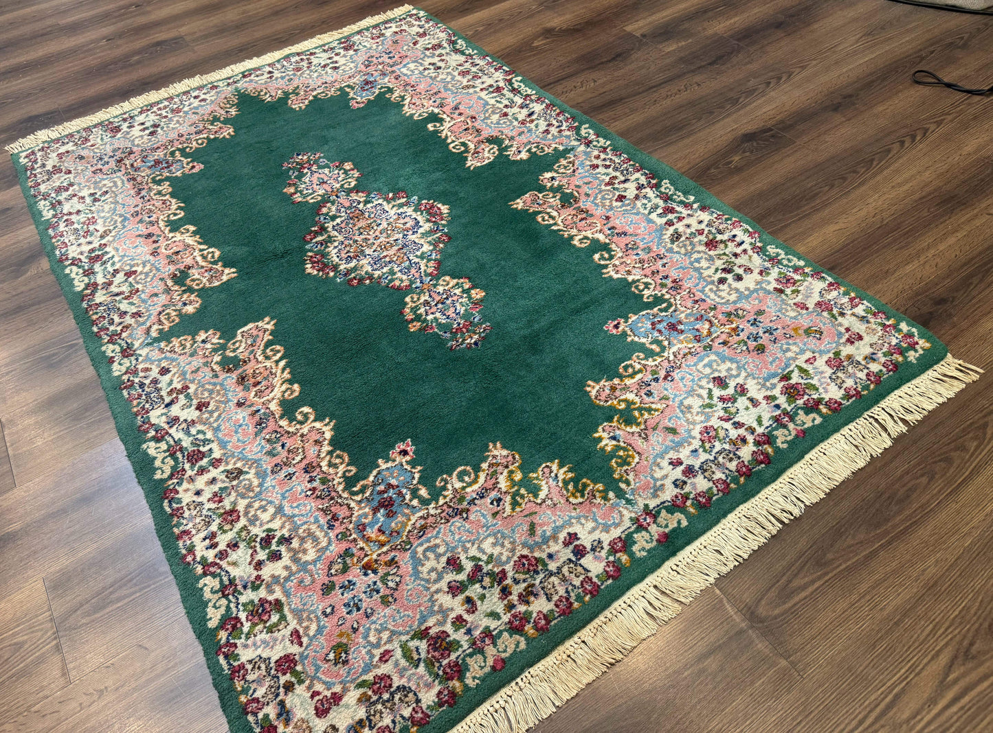 Persian Kerman Rug 4x6, Green Ivory Pink, Wool Vintage, Semi Open Field - Nuvé