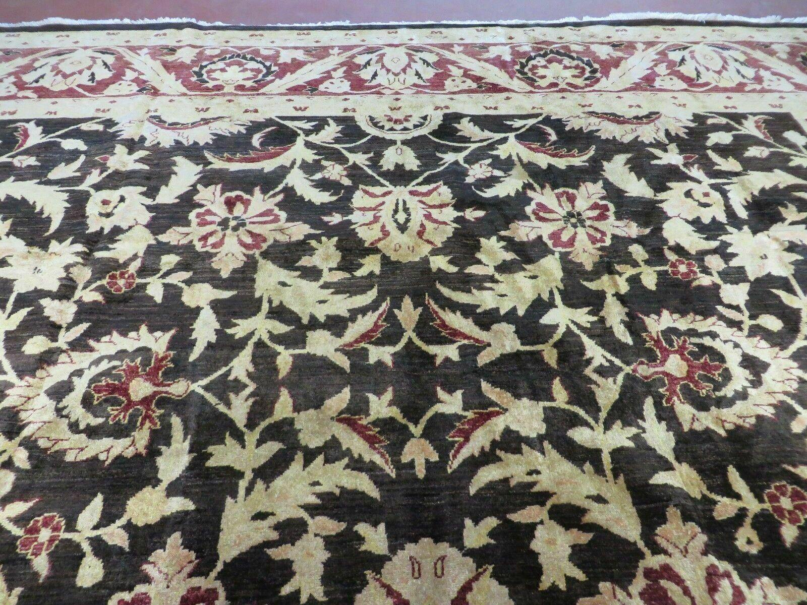 11' X 15' Vintage Hand Knotted Indian Agra Wool Rug Hand Made Dark Brown Floral - Nuvé