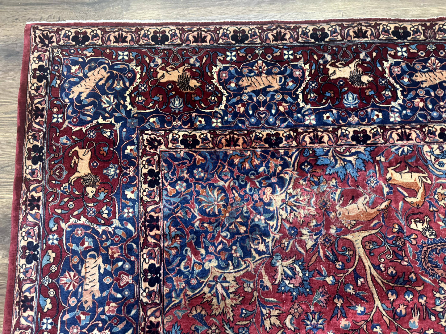 Antique Indo Persian Kerman Rug 9x12 Red Manchester Wool Animal Pictorials, Fine 290 KPSI - Nuvé