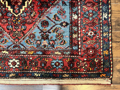 Antique Persian Tribal Rug 4x7, Wool Handmade 1920s Carpet, Red Blue, Persian Hamadan Rug - Nuvé