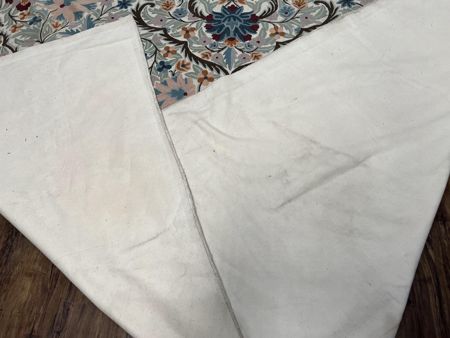 Chain Stitched Rug 9x12 Vintage Carpet 9 x 12 Flatweave Rug, Ivory Teal Rug, Area Rug 9 by 12, Hand Stitched Rug, Medallion, Indian Rug - Nuvé