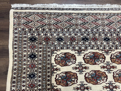 Pakistani Bokhara Rug 8x10, Traditional Turkoman Tribal Carpet, Allover Repeated Elephant Foot Motif, Ivory/Cream Black Red, Vintage Handmade - Nuvé