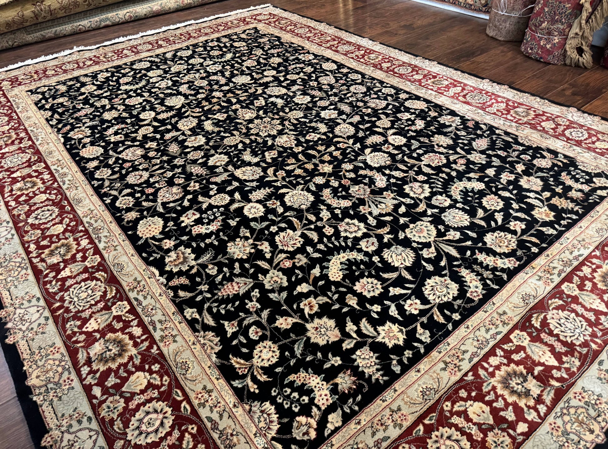 Sino Persian Rug 9x12, Fine Elegant Oriental Carpet 200 KPSI, Black and Dark Red, Allover Floral - Nuvé