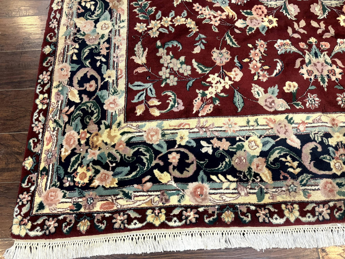 Indo Persian Rug 8x10, Floral Allover with Bird Pictorials, Maroon and Navy Blue, Handmade Wool Area Rug - Nuvé