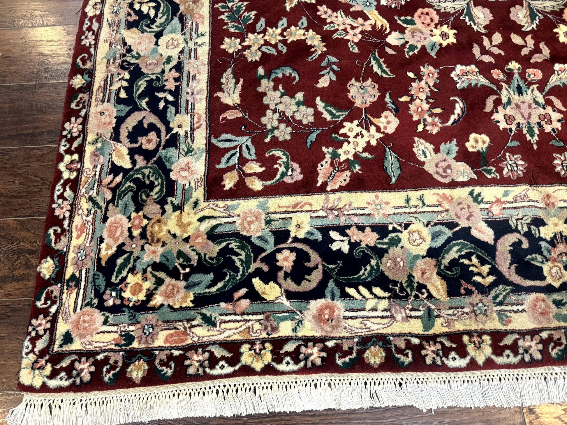 Indo Persian Rug 8x10, Floral Allover with Bird Pictorials, Maroon and Navy Blue, Handmade Wool Area Rug - Nuvé