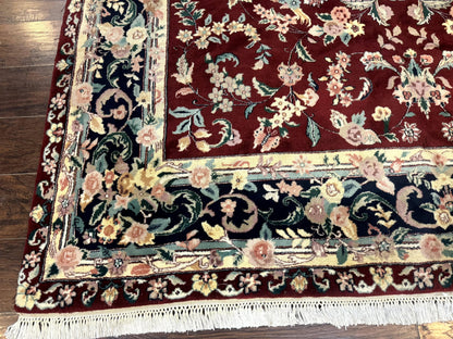 Indo Persian Rug 8x10, Floral Allover with Bird Pictorials, Maroon and Navy Blue, Handmade Wool Area Rug - Nuvé