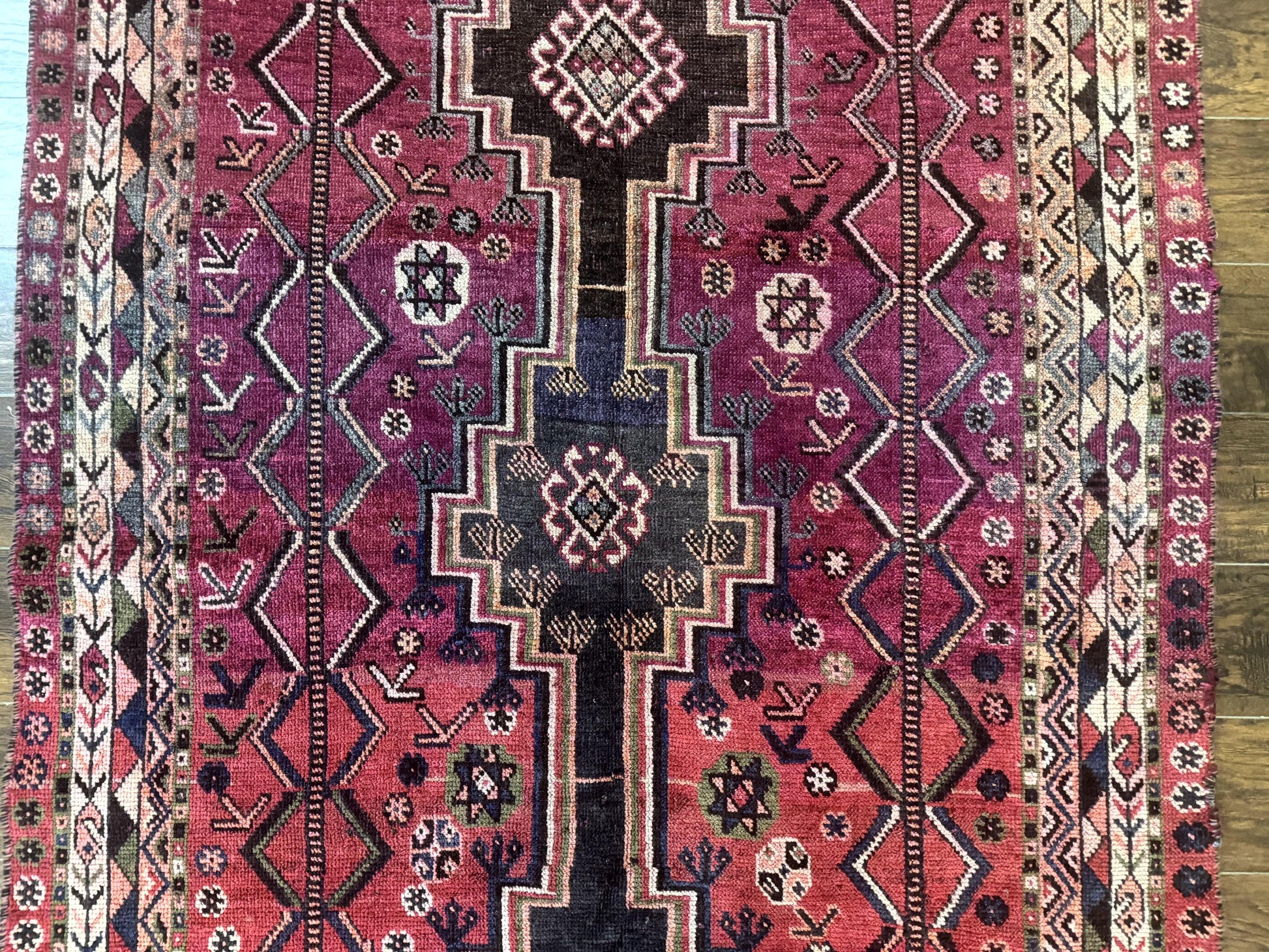 Persian Tribal Shiraz Rug 5x8, Geometric, Raspberry Red and Charcoal, Antique Persian Carpet - Nuvé