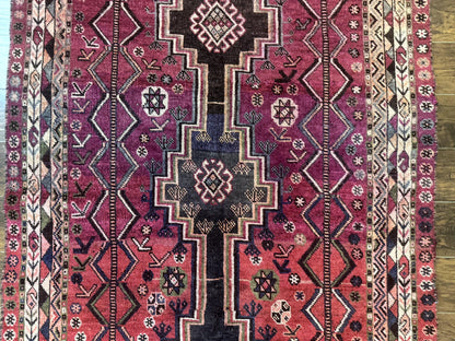 Persian Tribal Shiraz Rug 5x8, Geometric, Raspberry Red and Charcoal, Antique Persian Carpet - Nuvé