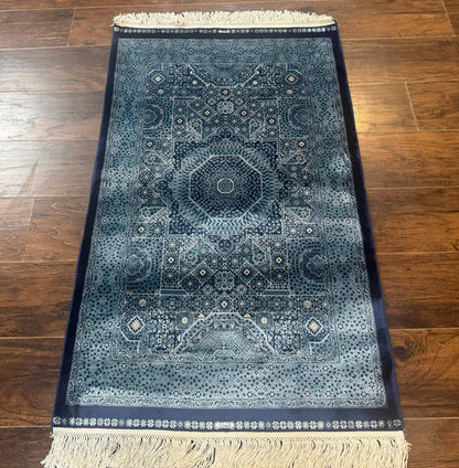 Blue Turkish Silk Hereke Rug 2.6 x 4, Mamluk Red, Blue, Bamboo Silk - Nuvé