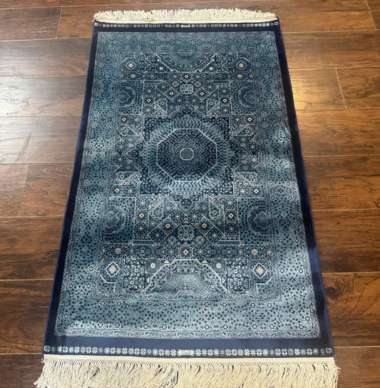 Blue Turkish Silk Hereke Rug 2.6 x 4, Mamluk Red, Blue, Bamboo Silk - Nuvé
