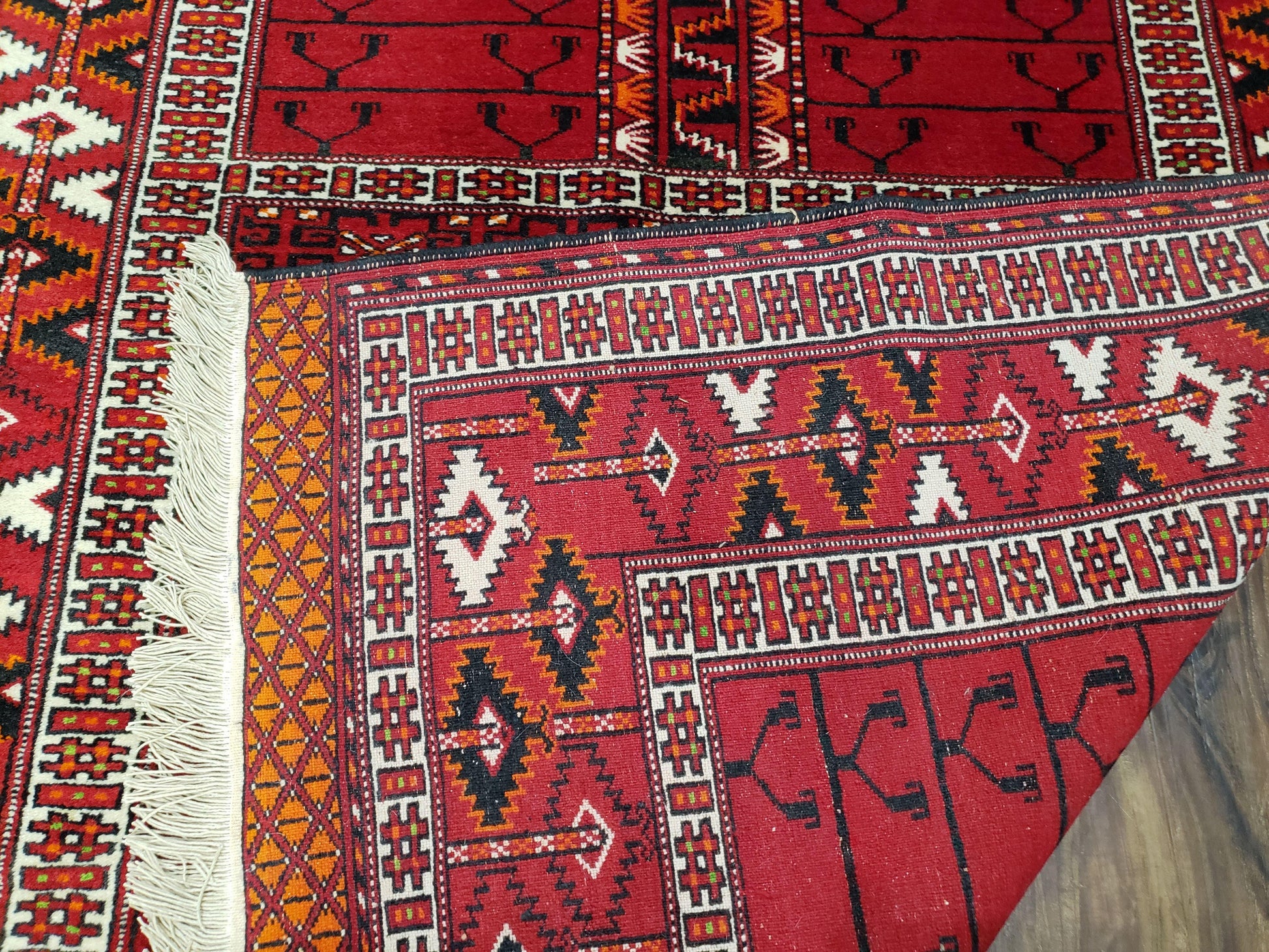 Antique Persian Turkoman Rug 4x5, Hatchli Tekkeh Ersari Red Tribal Rug, Handmade Wool Oriental Carpet, Four Seasons Rug - Nuvé