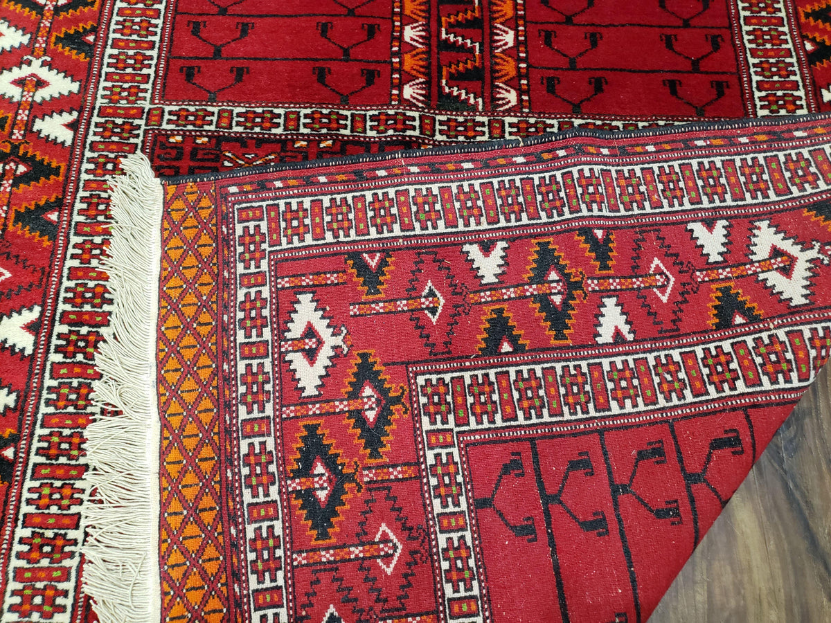 Antique Persian Turkoman Rug 4x5, Hatchli Tekkeh Ersari Red Tribal Rug, Handmade Wool Oriental Carpet, Four Seasons Rug