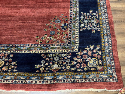 Large Persian Sarouk Rug 10x17, Open Field, Red and Navy Blue, Palace Sized Oversized Hand Knotted Wool Oriental Carpet Flowers Vases Antique 1920s - Nuvé