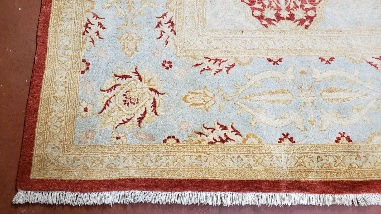 9x12 Peshawar Rug Pakistani Oriental Carpet Sky Blue and Red Wool Vintage Master Bedroom Rug Hand-Knotted Living Room Rug Dining Room Rug - Nuvé