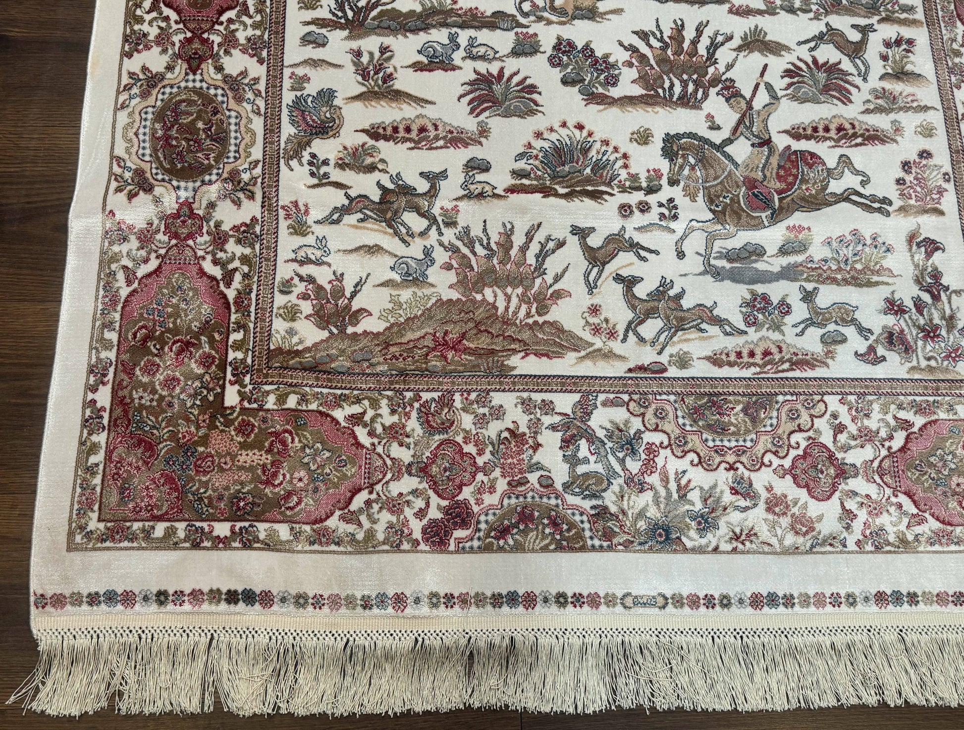 Turkish Silk Hunting Scene Rug 4x6, Ivory, Bamboo Silk, New - Nuvé