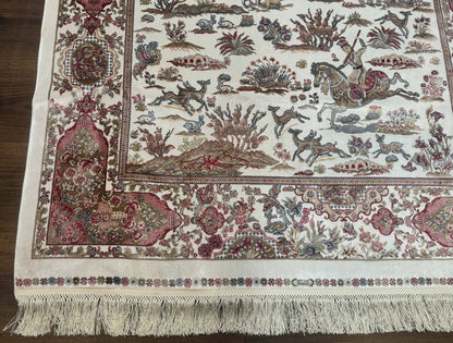 Turkish Silk Hunting Scene Rug 4x6, Ivory, Bamboo Silk, New - Nuvé