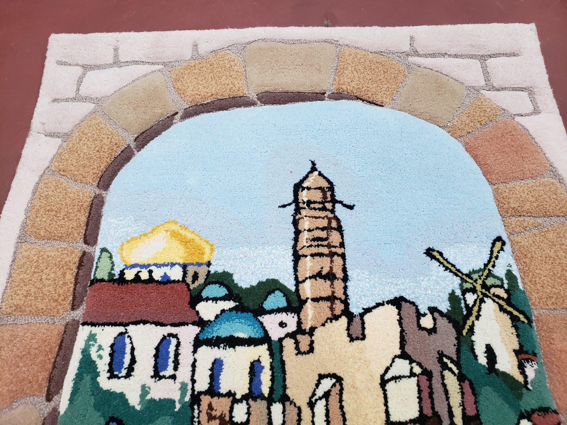 Small Judaica Rug, Rug with Jerusalem Pictorial, Chanuka Gift, Hand-Tufted, Jerusalem Gate, Vintage Judaica, Western Wall Rug, 3x4 Rug - Nuvé