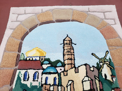 Small Judaica Rug, Rug with Jerusalem Pictorial, Chanuka Gift, Hand-Tufted, Jerusalem Gate, Vintage Judaica, Western Wall Rug, 3x4 Rug - Nuvé