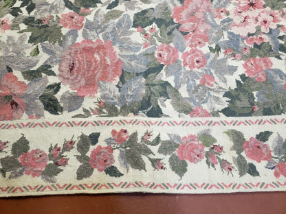 5x8 Needlepoint Rug 5' 4" x 8' 3" Wool Flat Weave Floral New Unused Carpet English Design Ivory Large Pink Flowers Green Leaves Hand-Knotted - Nuvé