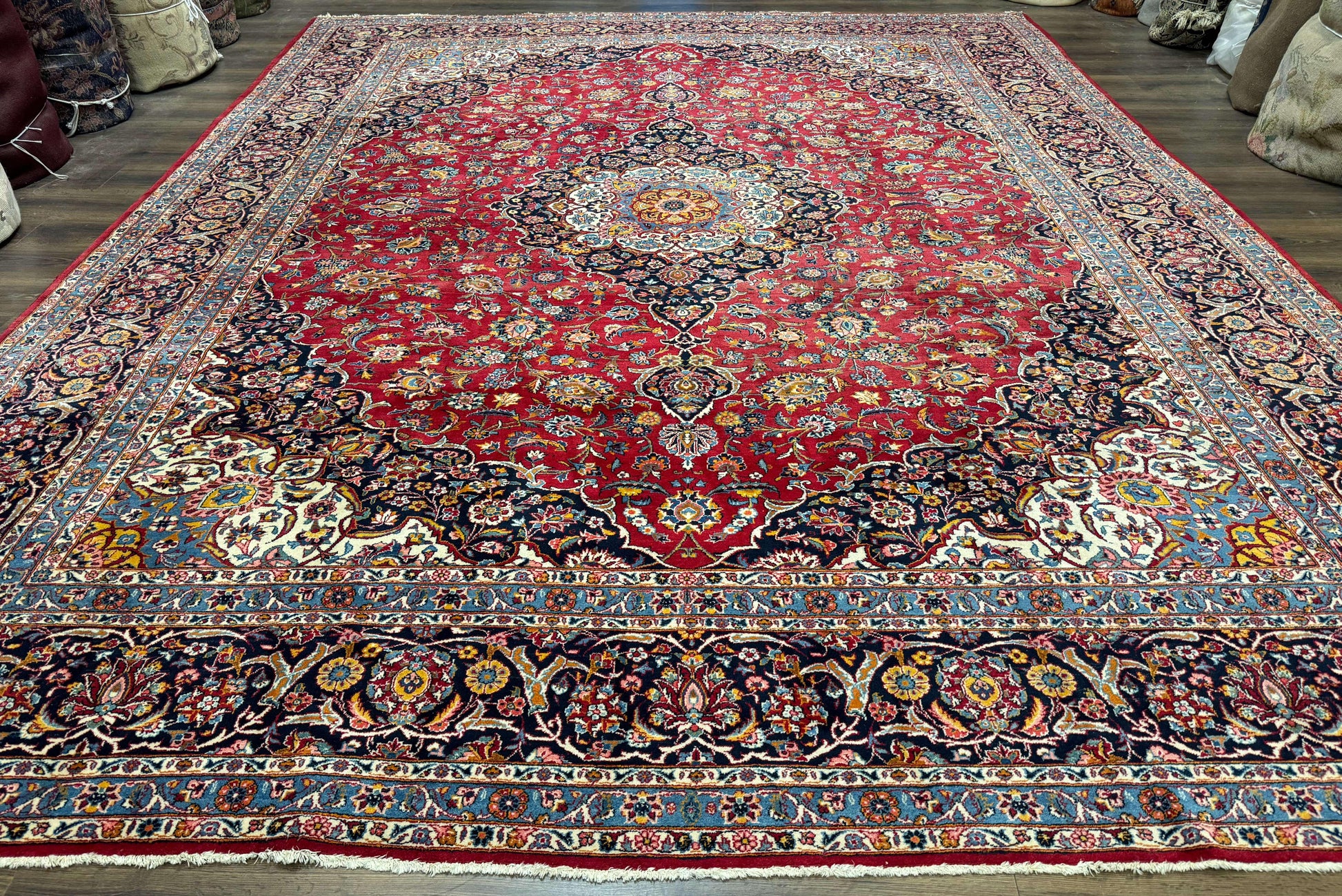Large Persian Kashan Rug 11x14, Traditional Persian Carpet, Wool, Fine 250 KPSI, Red Navy Blue - Nuvé