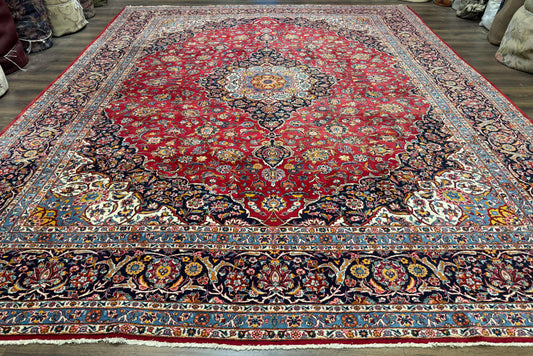 Large Persian Kashan Rug 11x14, Traditional Persian Carpet, Wool, Fine 250 KPSI, Red Navy Blue - Nuvé