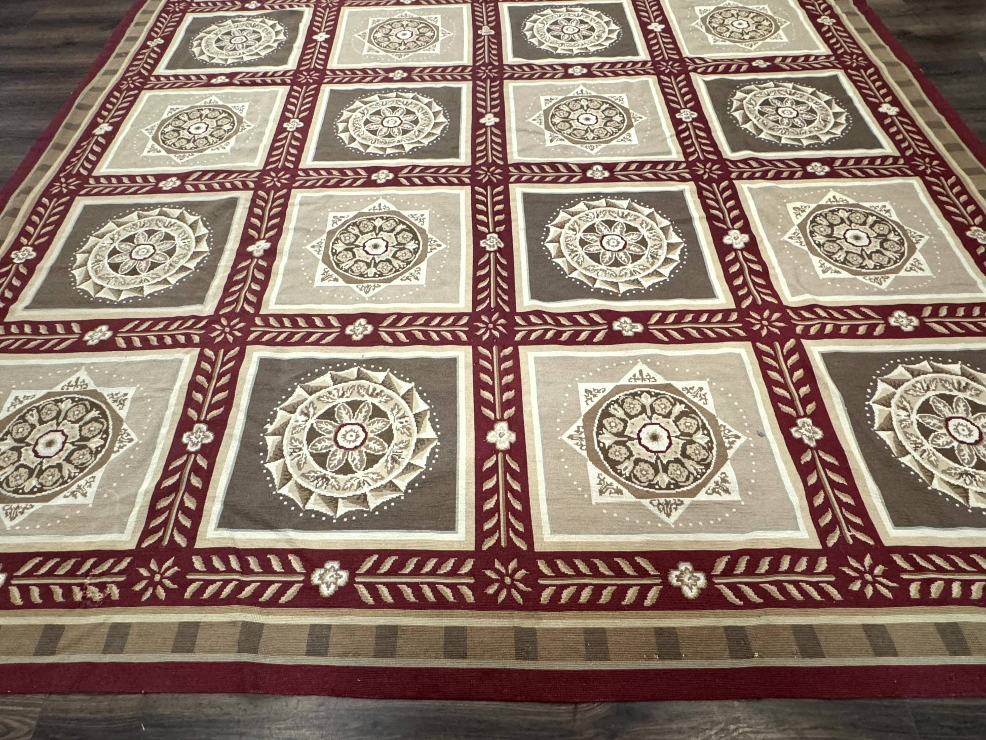 Needlepoint Rug 9x12, Panel Design, Burgundy Taupe, Elegant - Nuvé