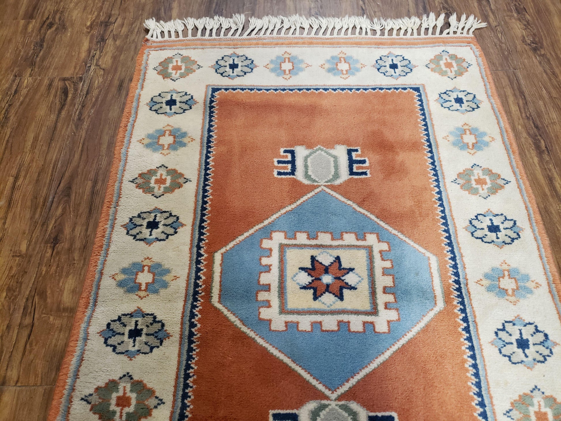 3x5 Handmade Vintage Turkish Area Rug Wool Kazak Carpet 3'1"x4'5" Red Beige - Nuvé