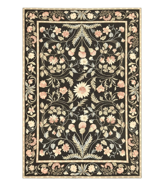 Large Needlepoint Rug 11x16, Dark Green Floral Elegant European Design Vintage Wool Handmade Carpet, Palace Size Rug