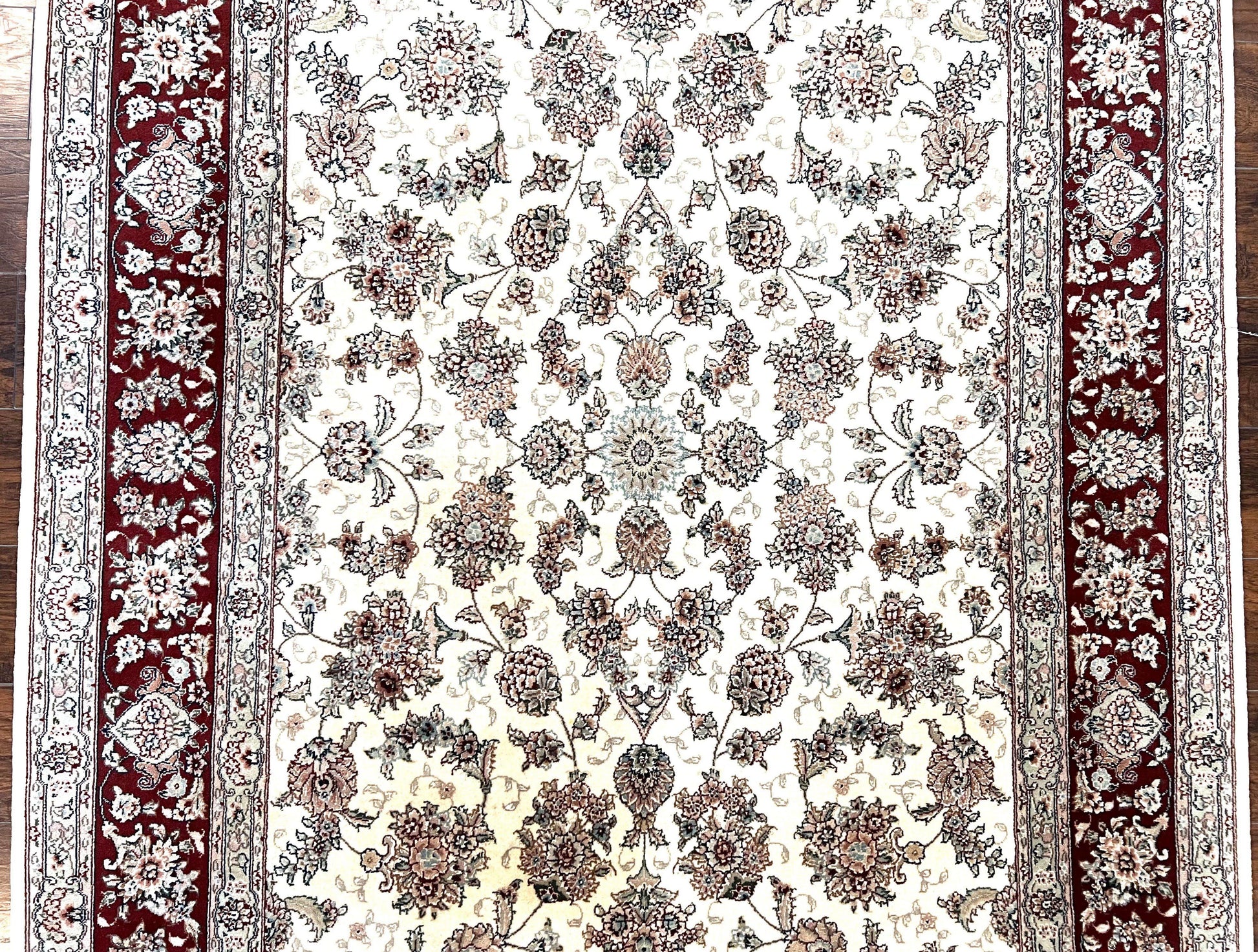 Pak Persian Rug 6x9, Floral Allover Carpet 6 x 9 ft, Cream and Maroon Hand Knotted Wool and Silk Fine Oriental Rug, Traditional Vintage Rug - Nuvé