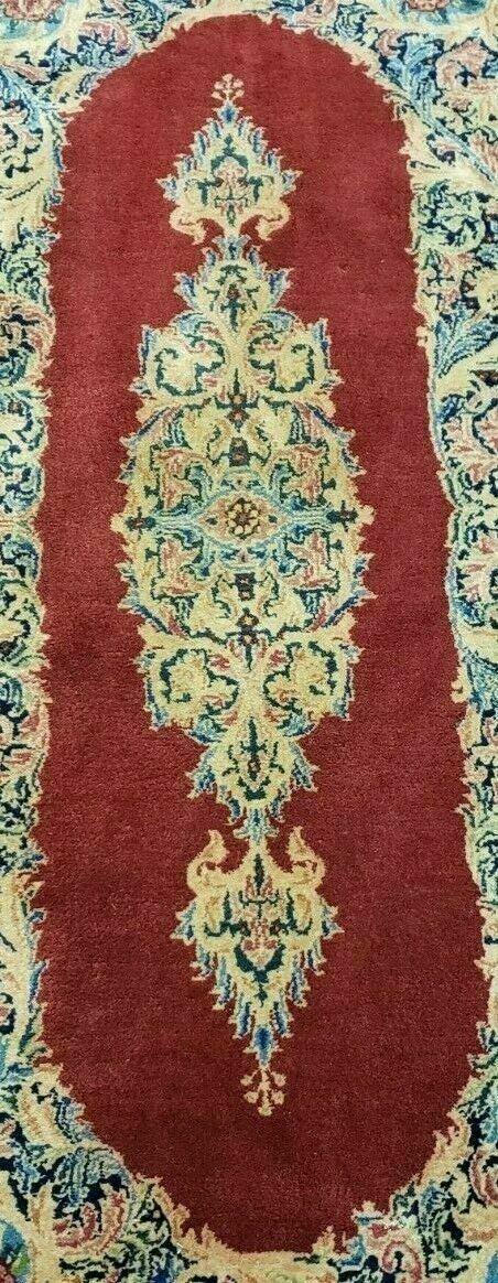 Small Persian Kirman Rug 2x4, Wool Oriental Vintage Handmade Carpet, Hand Knotted Floral Medallion, Red & Beige, Semi Open Field - Nuvé