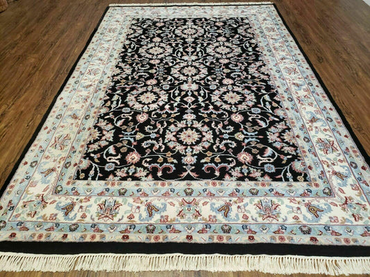 6' X 9' Handmade Indian Agra Wool Rug Carpet Vegetable Dyes Black - Nuvé