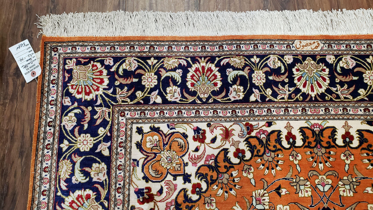 Vintage Persian Qum Silk Rug 4.6 x 6.7, Burnt Orange and Navy Blue, Antique Oriental Very Fine Signature Master Weaver 350+ KPSI Ghom Qom 5x7 Rug - Nuvé