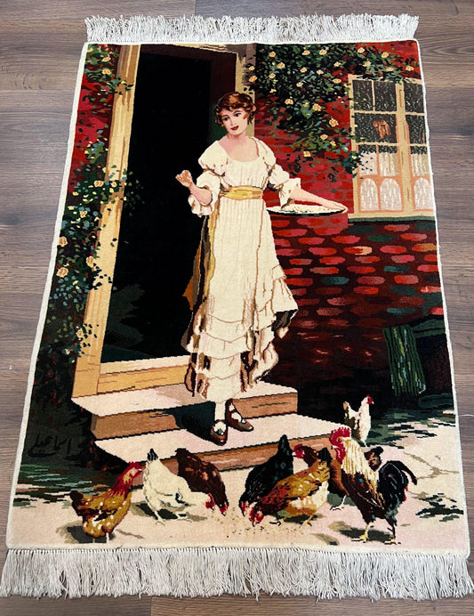 Persian Tabriz Pictorial Rug 2x3, Fine High KPSI Pictorial Carpet, Lady in Front of Home with Chickens 2 x 3 ft Oriental Rug Vintage Handmade Wool - Nuvé