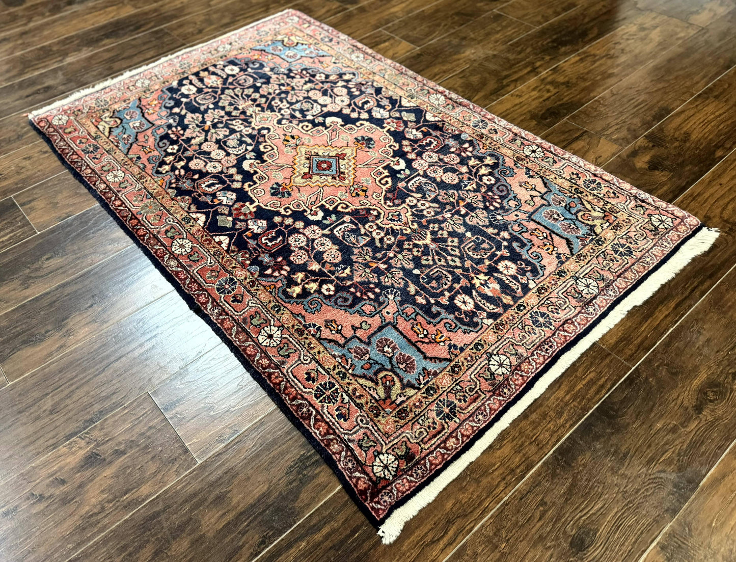Persian Rug 3x5, Jozan Sarouk Rug, Navy Blue and Coral, Medallion Rug, Semi Antique - Nuvé