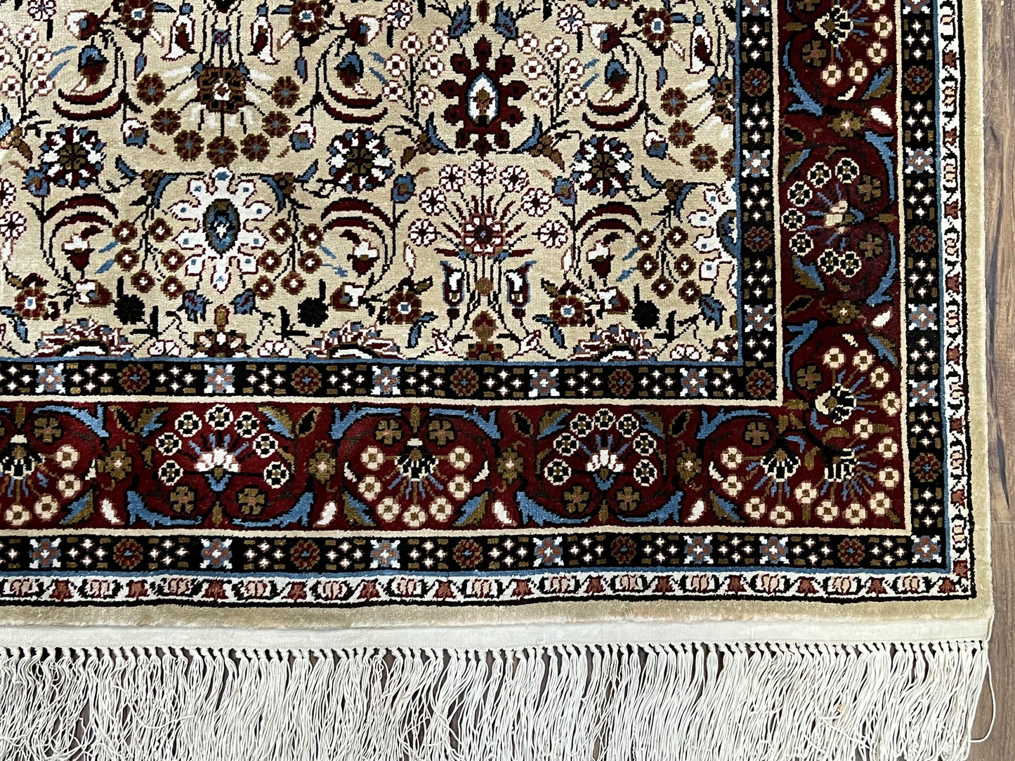 Fine Sino-Persian Silk Rug 3x5, High Quality Silk Carpet, Handmade Small Silk Rug, Allover Repeated Motif, Tan Maroon Blue Vintage Silk Rug - Nuvé