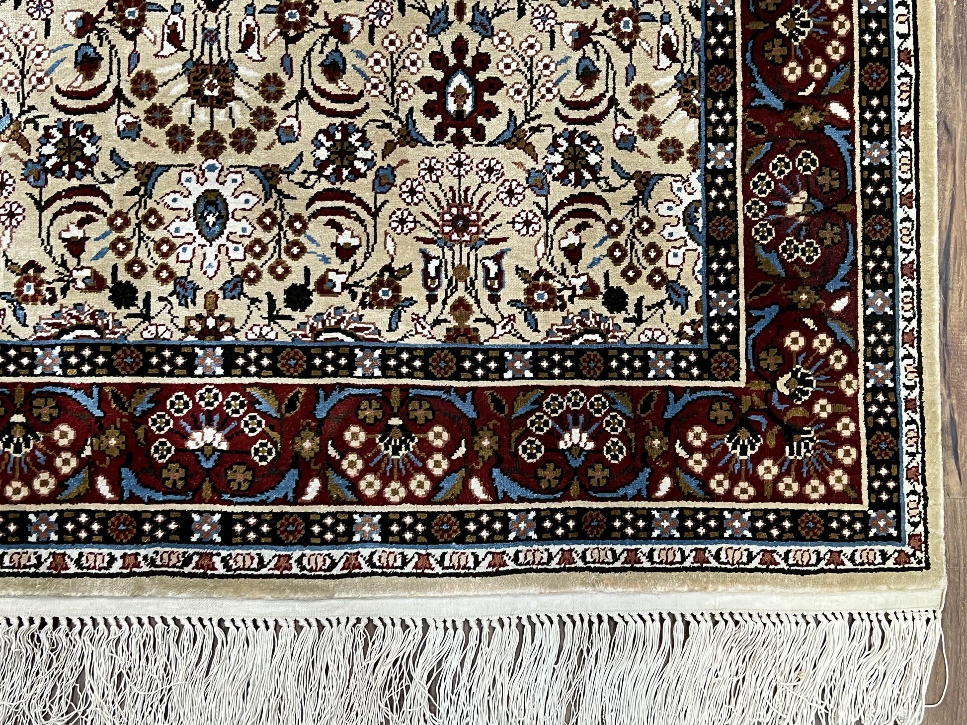 Fine Sino-Persian Silk Rug 3x5, High Quality Silk Carpet, Handmade Small Silk Rug, Allover Repeated Motif, Tan Maroon Blue Vintage Silk Rug - Nuvé