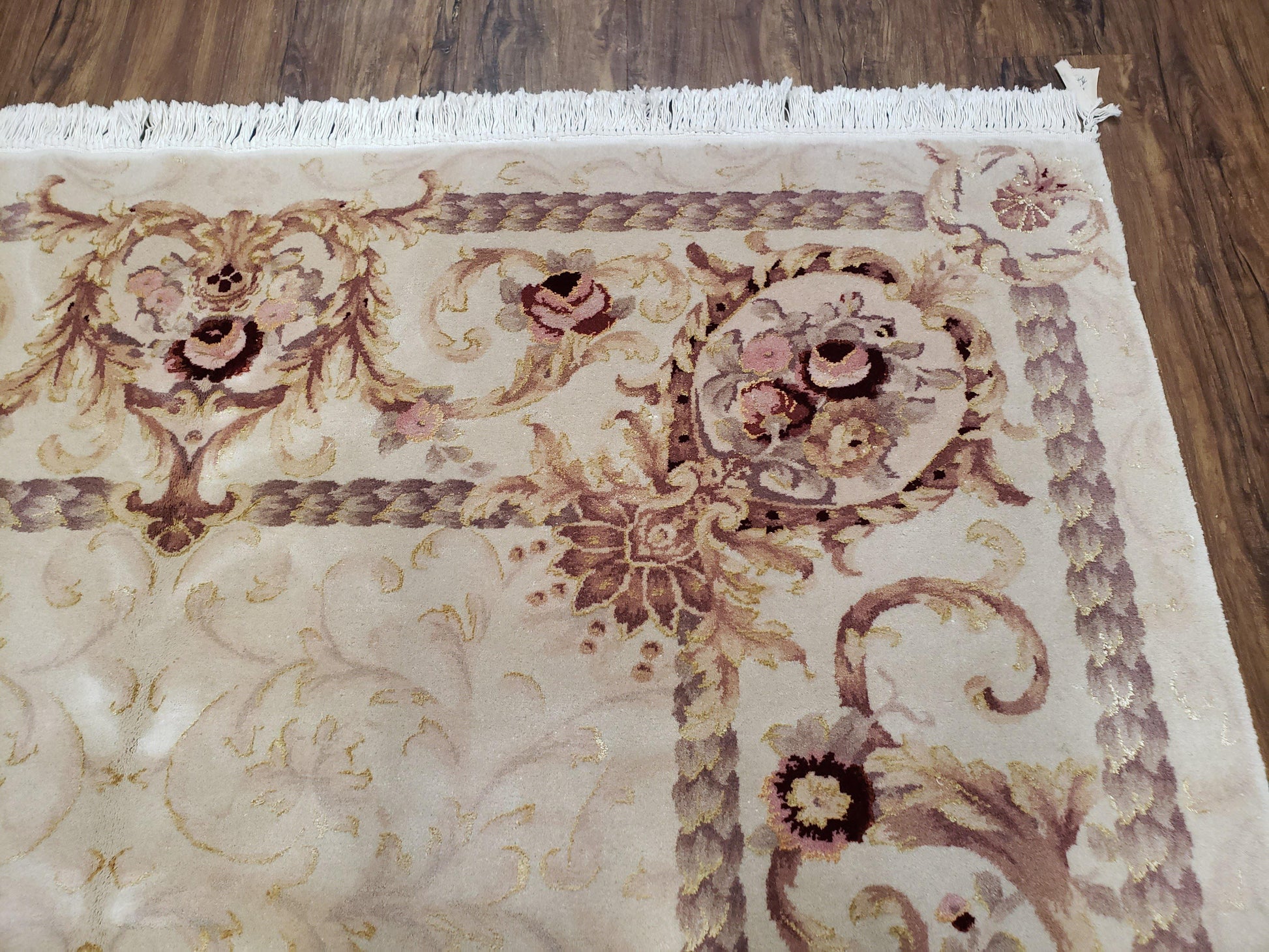 Vintage Ivory Chinese Aubusson Area Rug 6x9, Wool & Silk, Hand-Knotted 120 Line Fine Rug, European Design Carpet, 6 x 9 Master Signature Rug - Nuvé