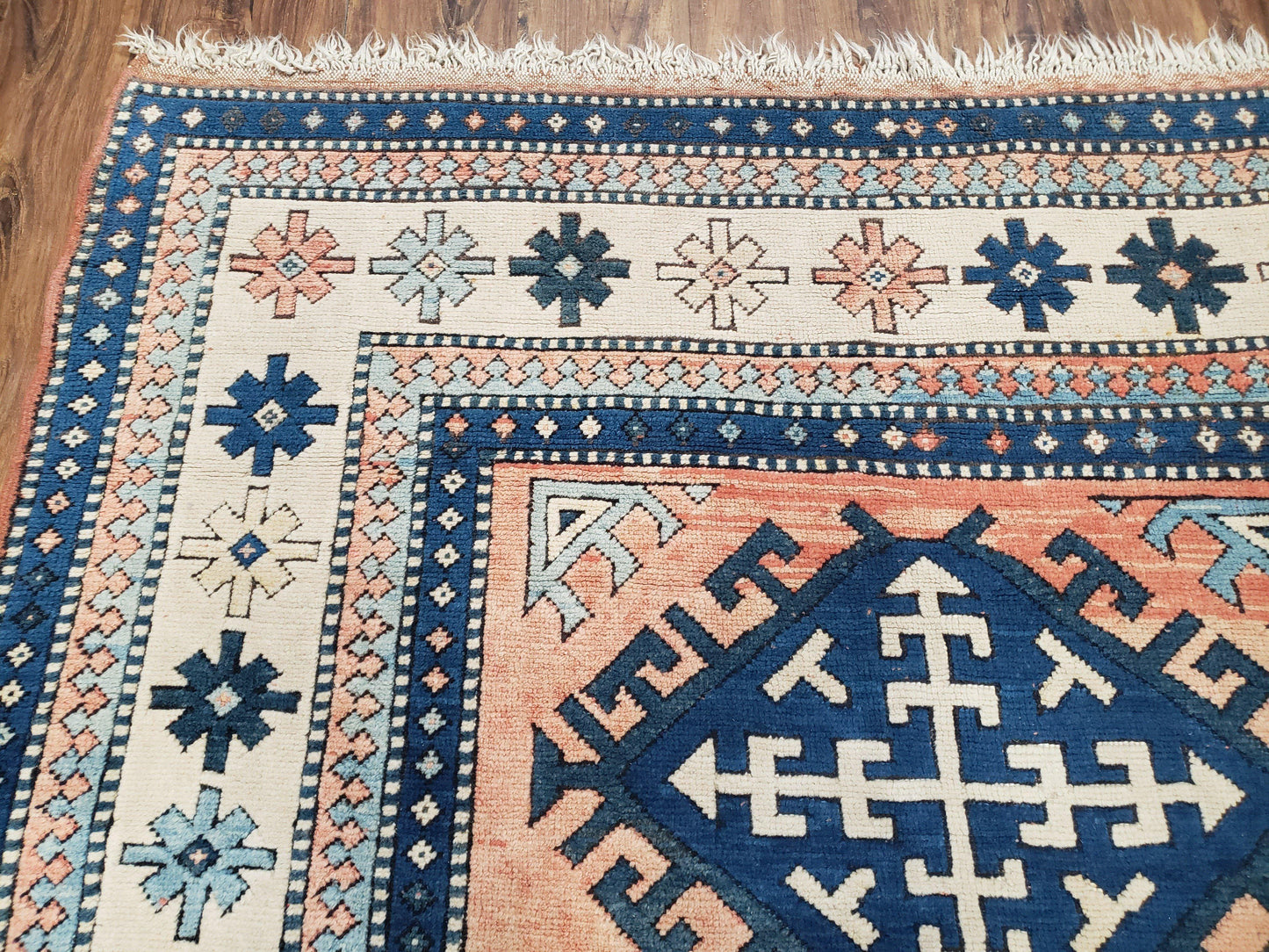 Turkish Kazak Rug 5x8 ft, Bold Geometric Bohemian Carpet, Blue and Ivory Hand Knotted Area Rug, Medium Sized High Quality Wool Oriental Rug - Nuvé