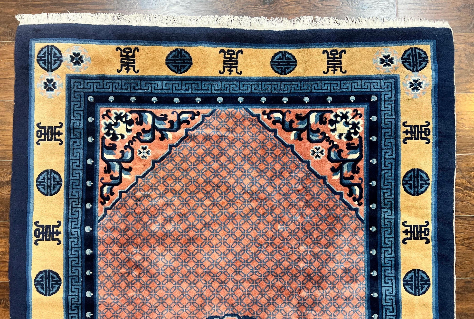 Chinese Peking Rug 5x8, Vintage Semi Antique Chinese Art Deco Carpet, Wool Pile Light Red/Salmon Gold Navy Blue, Handmade Asian Oriental Rug - Nuvé