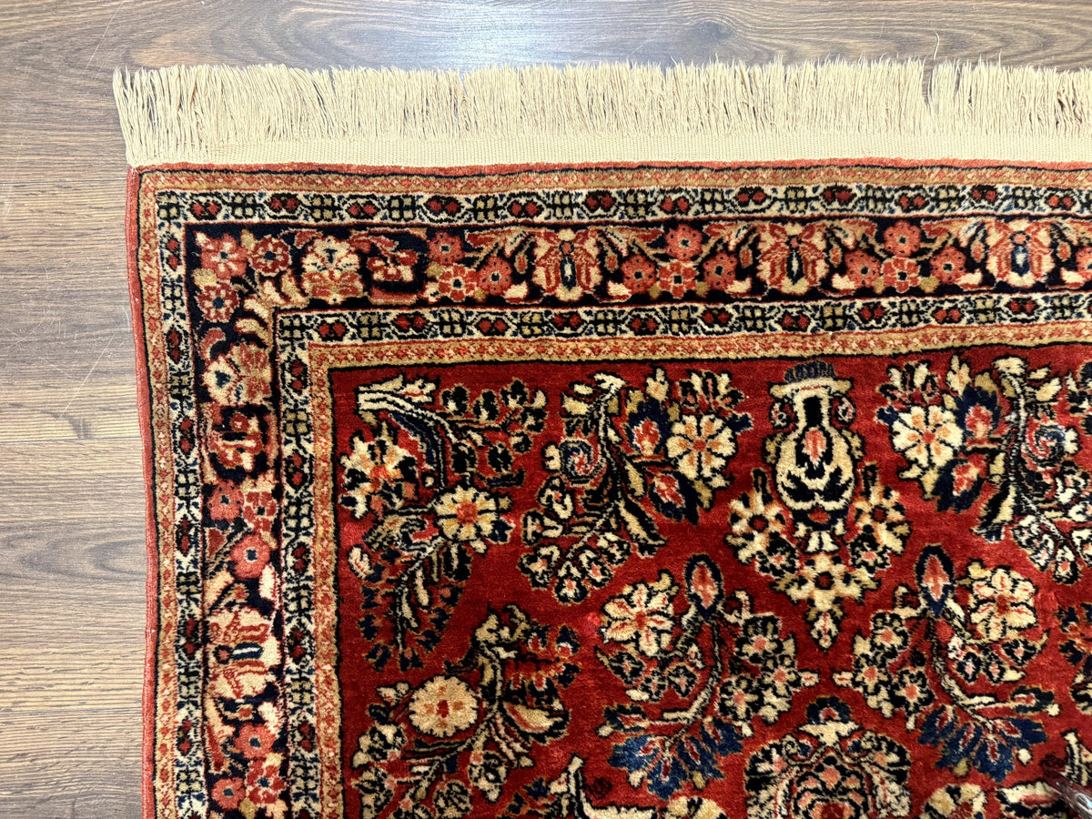 Antique Persian Sarouk Rug 3x5, Red, Floral, 200 KPSI
